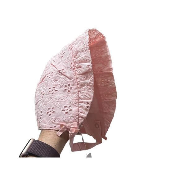 Janie & Jack Eyelet Cut Out Ruffle Hem Bonnet Sun Hat with Strap Sz 18-24 Months - Picture 3 of 5